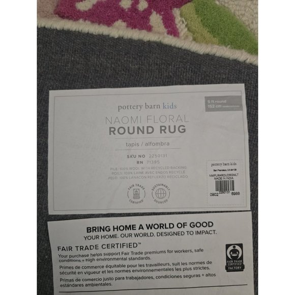 Pottery Barn Kids 100% Wool NAOMI FLORAL ROUND RUG 5 FT Round FAIR TRADE- READ - Picture 2 of 16